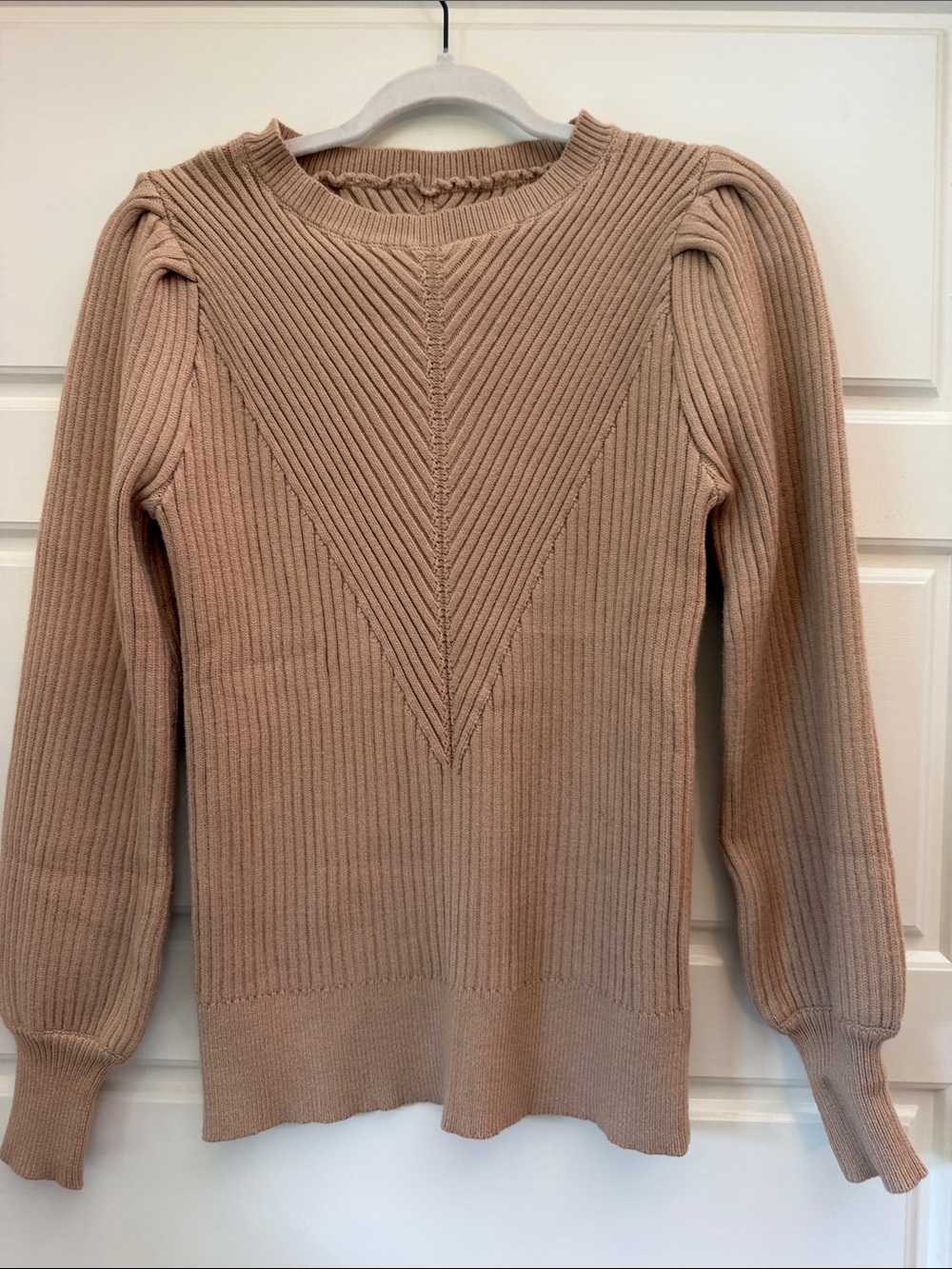 Ribbed V-Neck Detail Long-Sleeve Sweater - Beige